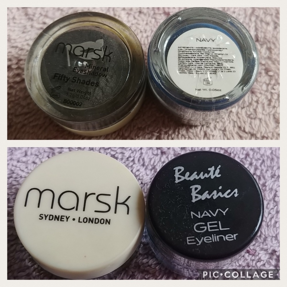 Navy eyeliner and gray loose shadow